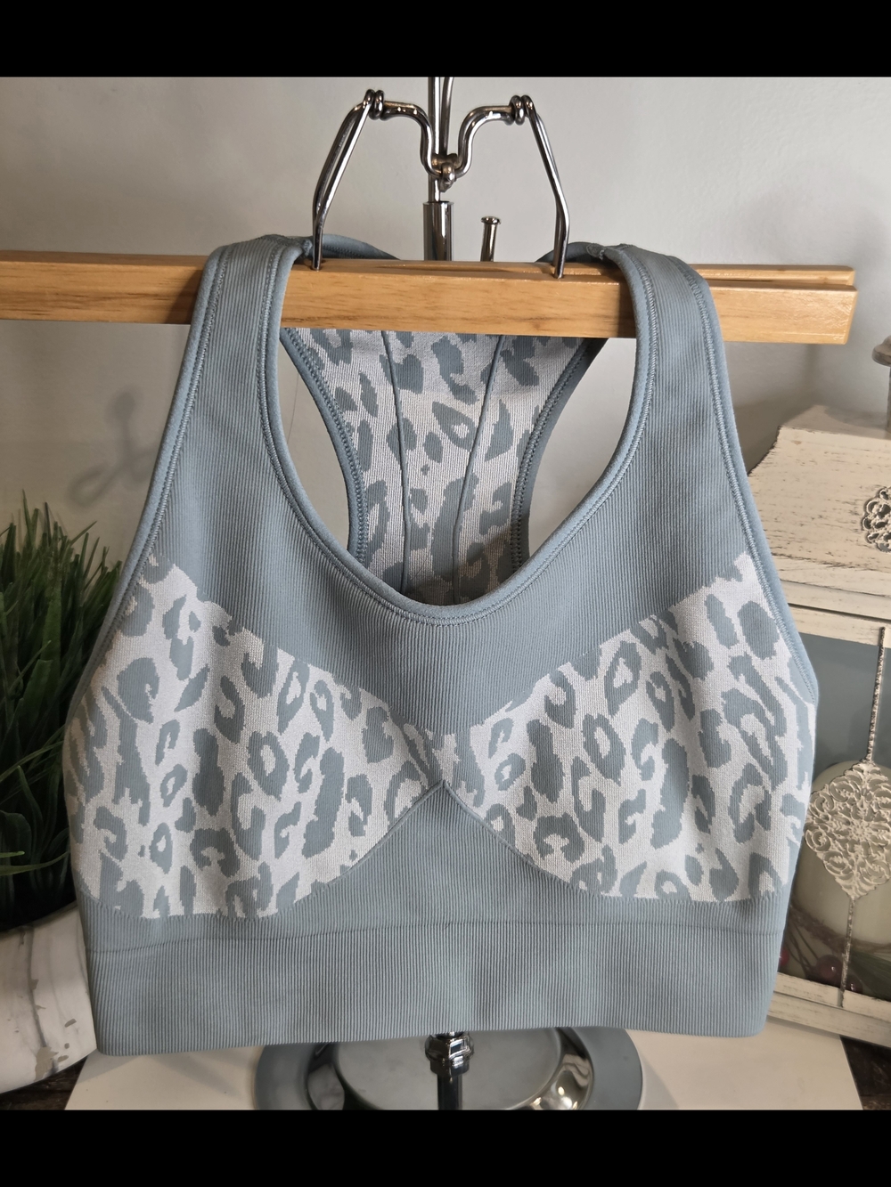 SOLD***Sweaty Betty Light Blue and White Leopard-Print Sports Bra